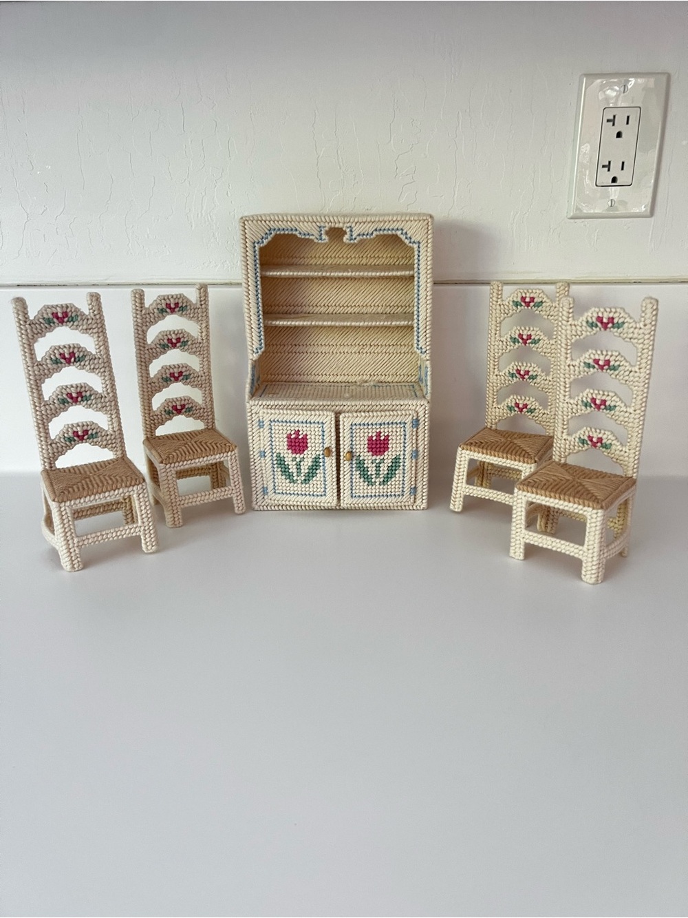 Vintage 90s Plastic Canvas Needlepoint Dollhouse Furniture Hutch Chairs Cottage